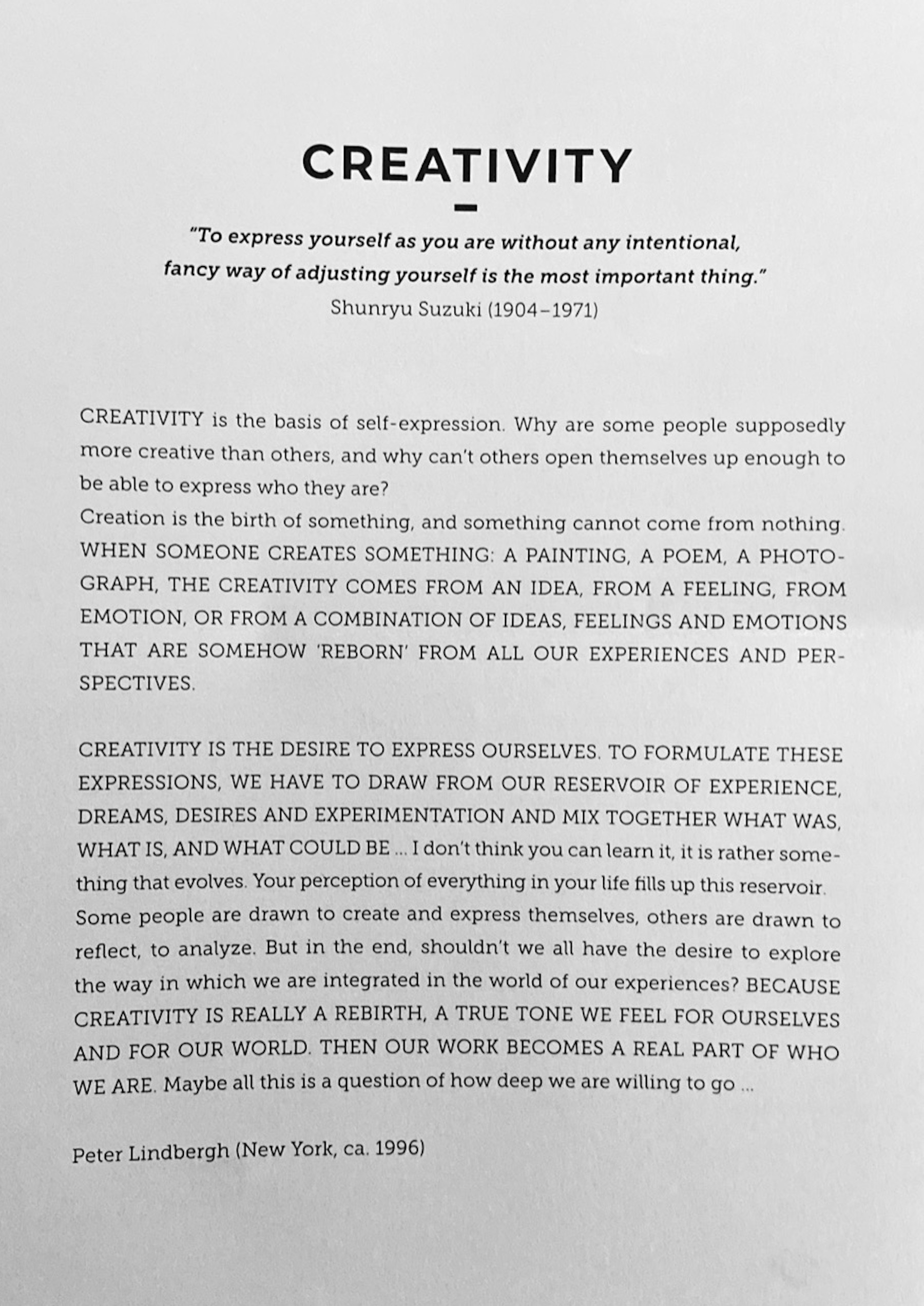 Peter Linbergh quote (text) about what creativity means