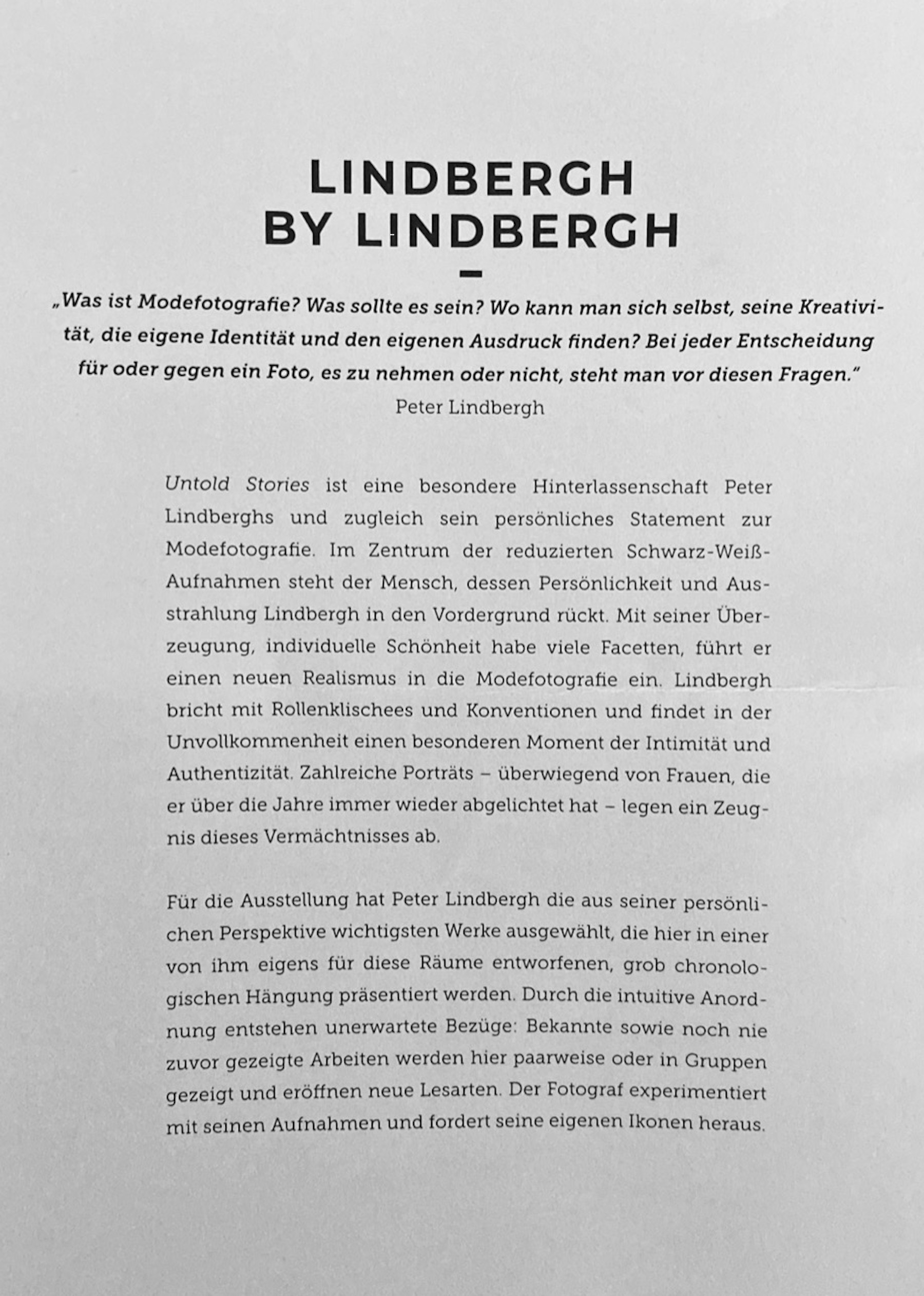 Beschreibung (Text) der Peter Lindbergh Ausstellung im Kunstpalast Duesseldorf